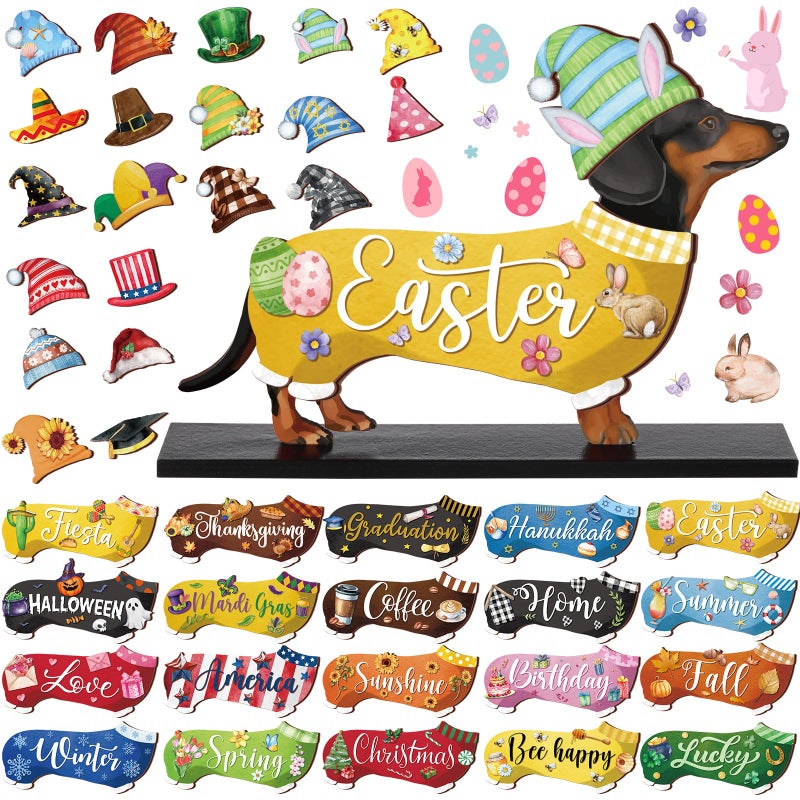 Anglechic 42 Pcs Interchangeable Easter Dachshund Holiday Wiener Dog Decor Seasonal Welcome Sign Tier Tray Decoration Ornament Farmhouse Wood Home Office Desk Accessories for Women Pet Lover Gift - Image 1