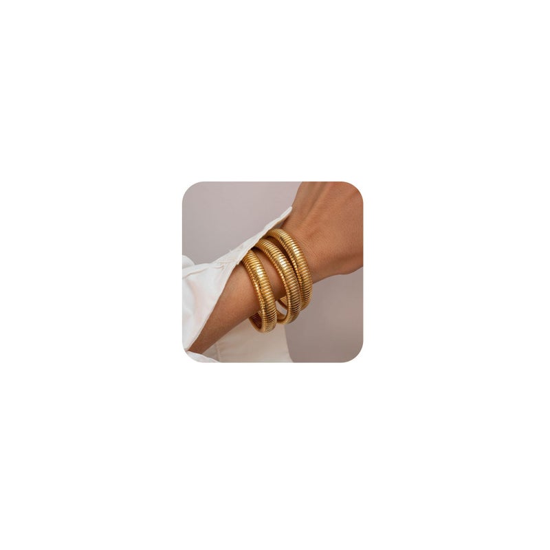 JUNYANGY Gold Bracelets for Women Set of 3 Gold Chunky Stretch Bangles Bracelets 24K Gold Plated Stainless Steel Bracelets Flexible Wide Stack Bracelets Designer Look Alike Jewelry for Women - Image 1