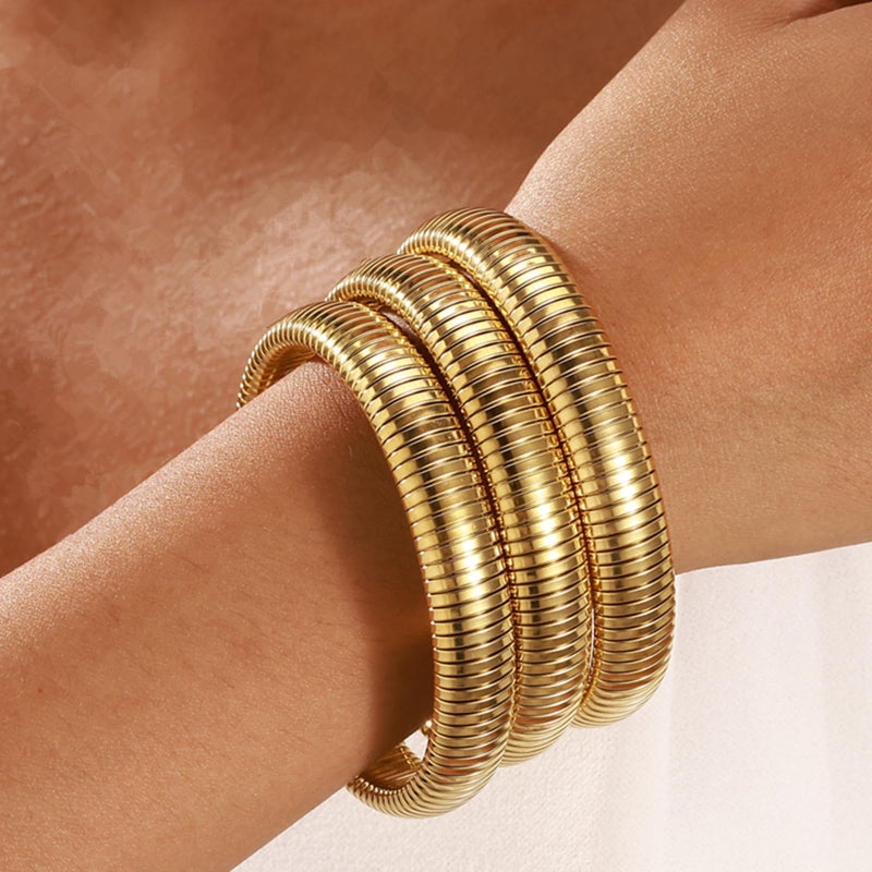 JUNYANGY Gold Bracelets for Women Set of 3 Gold Chunky Stretch Bangles Bracelets 24K Gold Plated Stainless Steel Bracelets Flexible Wide Stack Bracelets Designer Look Alike Jewelry for Women - Image 4