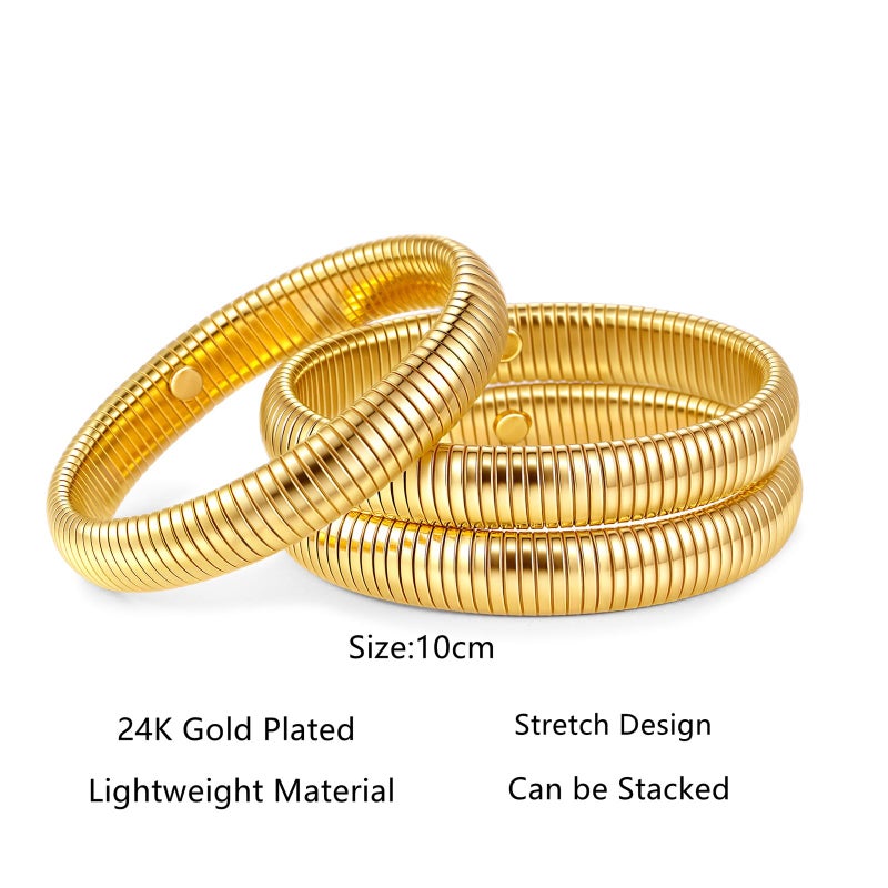 JUNYANGY Gold Bracelets for Women Set of 3 Gold Chunky Stretch Bangles Bracelets 24K Gold Plated Stainless Steel Bracelets Flexible Wide Stack Bracelets Designer Look Alike Jewelry for Women - Image 5