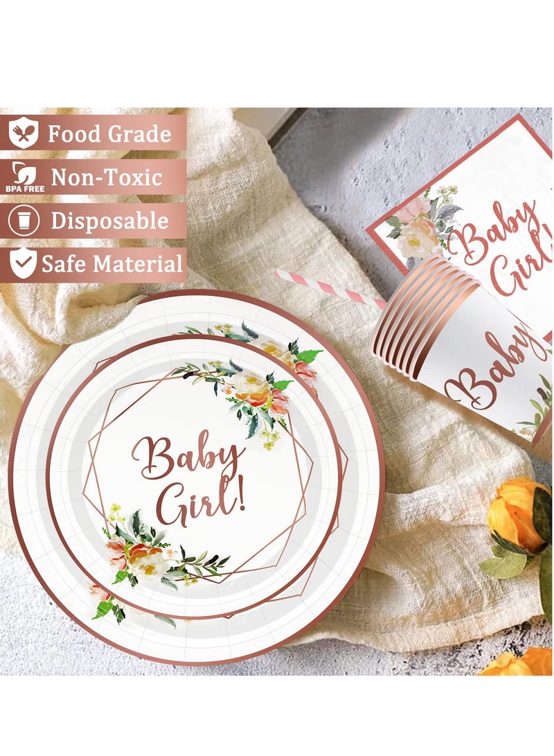 SOLARAE أطباق وأكواب ومناشف حفلة استحمام الأطفال، مجموعة أدوات المائدة الورقية 120 قطعة، أطباق وردية لمناسبة عيد ميلاد الفتيات، حفلة استحمام، زينة حفلة زهرية (24 ضيف)  - Image 4