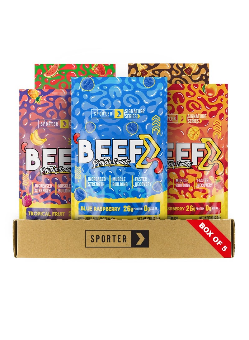 SPORTER Sporter Signature Series BEEF Protein Isolate - Bundle of 5 Flavors | 26g Protein | Zero Sugar | Halal | 5 x 30g Sachets - Image 1