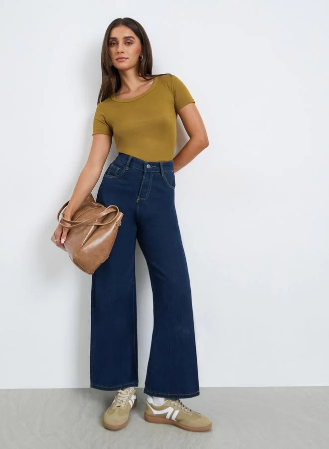 Styli Women Olive Ribbed Knit Short Sleeve Top