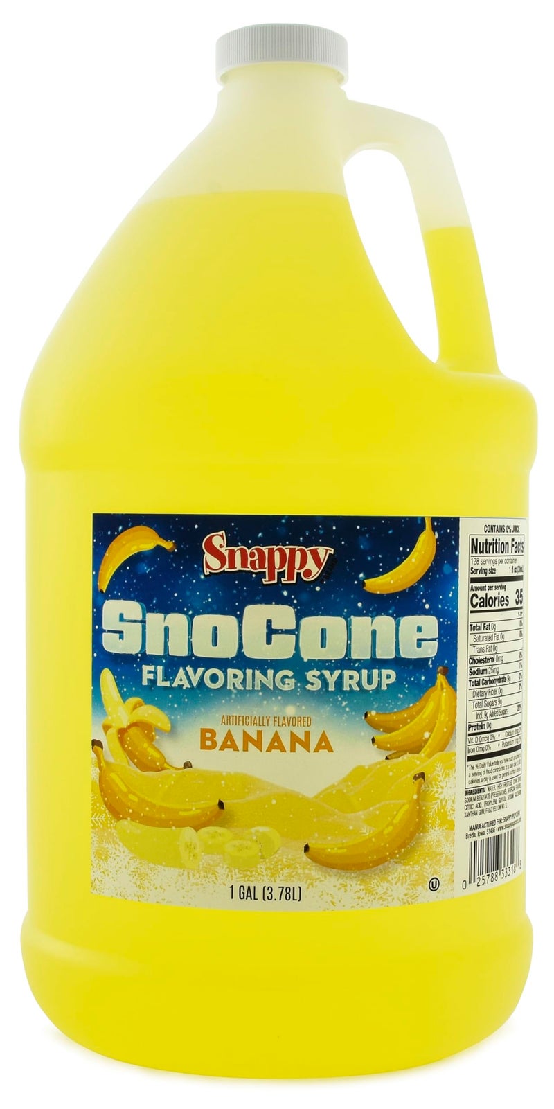 Snappy Banana Sno Cone Syrup, 1 Gallon (128 ounces) Size, Ready to Use For Snow Cone Machines, Flavored Syrup for Shaved Ice, 14 Snow Cone Flavor Options