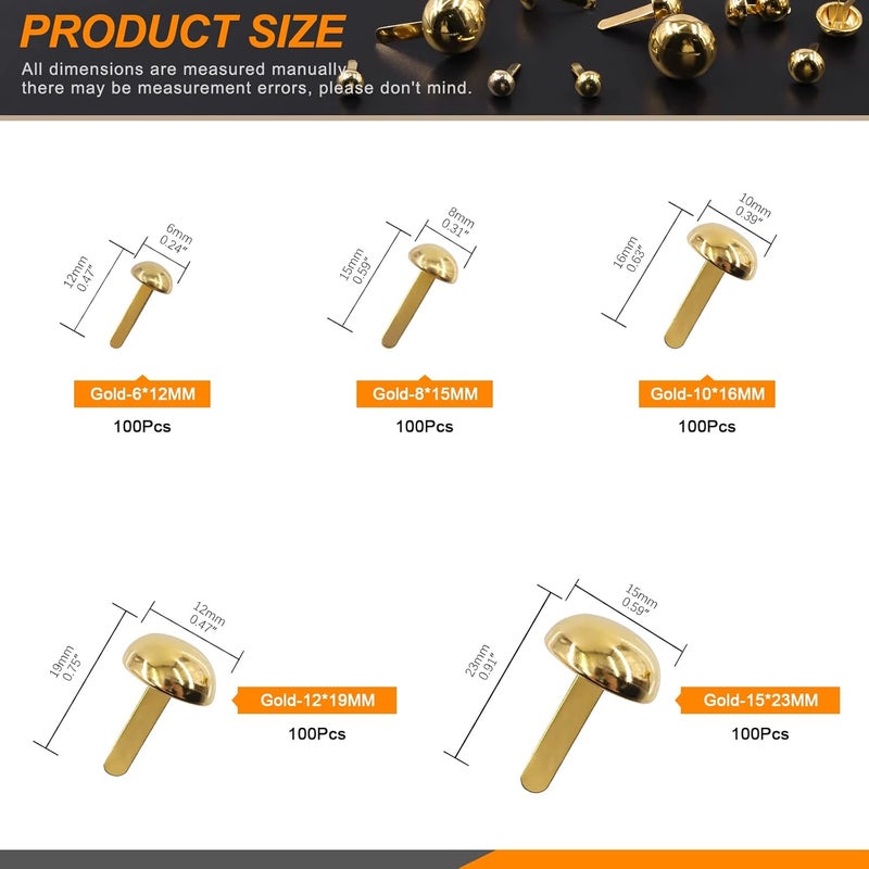 Rustark 500PCS 5 Sizes Brass Paper Fasteners Round Brads Fasteners Assortment Kit Mushroom Head Paper Fasteners Brass Metal Brads Scrapbooking Decorative Paper Crafts School DIY Art Project Supplies - Image 2