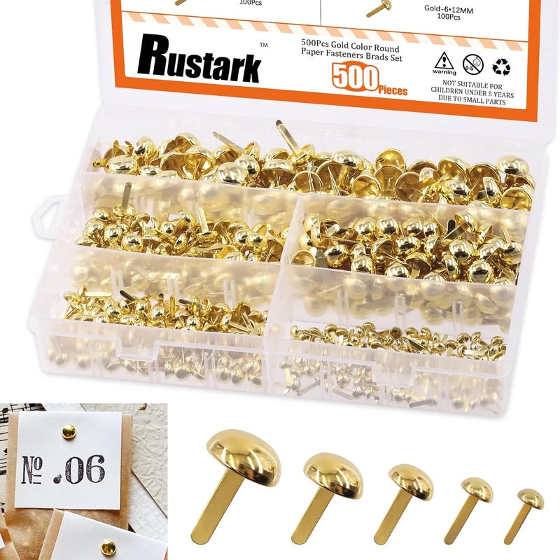 Rustark 500PCS 5 Sizes Brass Paper Fasteners Round Brads Fasteners Assortment Kit Mushroom Head Paper Fasteners Brass Metal Brads Scrapbooking Decorative Paper Crafts School DIY Art Project Supplies - Image 1