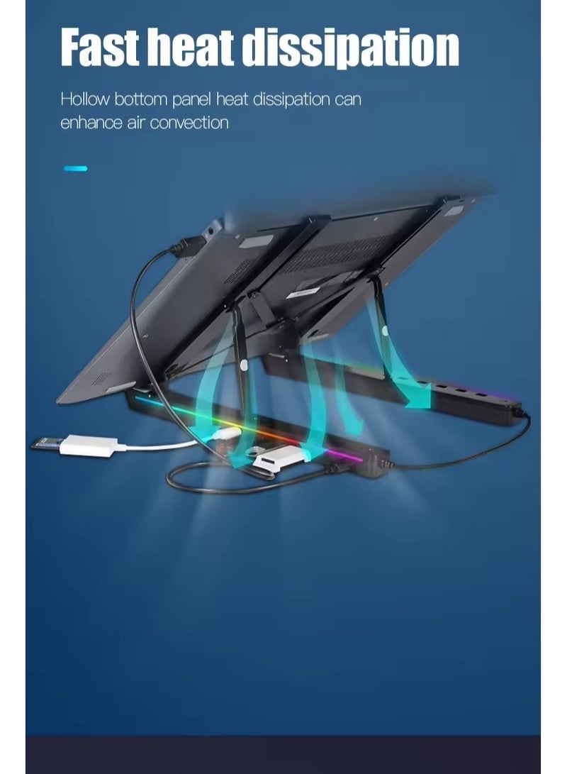 Aluminum Alloy RGB Light-Up Laptop Stand Foldable Portable Cooling Stand 4-Port USB 3.0 + HDMI + PD Fast Charging Compatible with 10-17 Laptops / Tablets - Image 4