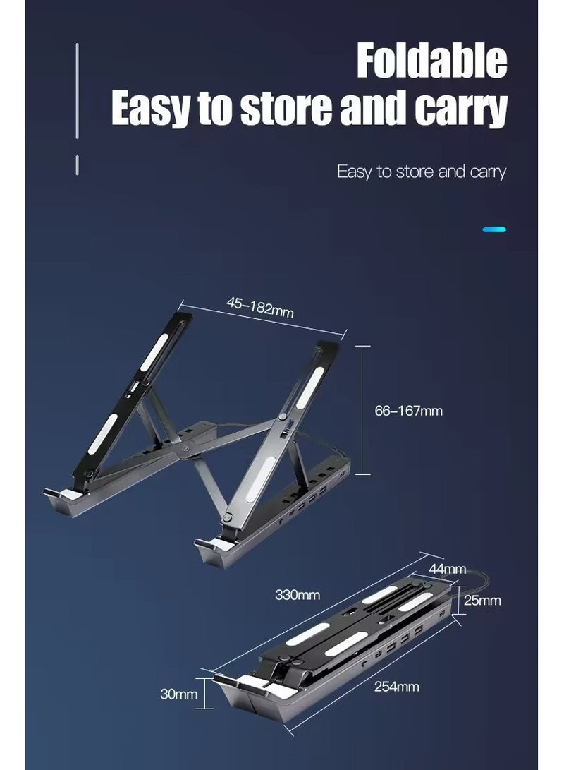 Aluminum Alloy RGB Light-Up Laptop Stand Foldable Portable Cooling Stand 4-Port USB 3.0 + HDMI + PD Fast Charging Compatible with 10-17 Laptops / Tablets - Image 5