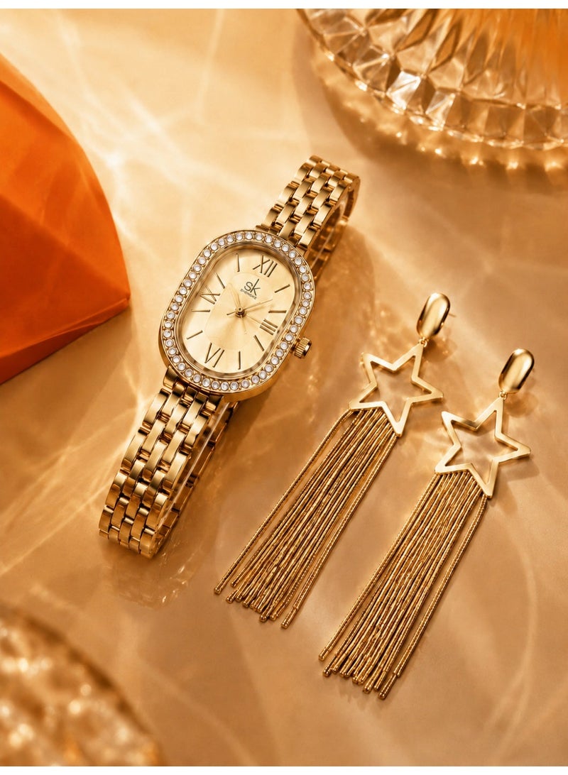 shengke Women’s Watch Set for Ladies Gifts for Her, Gold Women’s Quartz Watch and Star Tassel Earrings Set, Light Luxury Watch Gift Set, 3ATM Waterproof Gift Box for Birthday Ramadan Eid Anniversary - Image 2