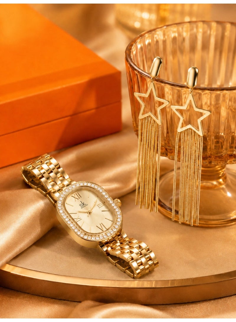shengke Women’s Watch Set for Ladies Gifts for Her, Gold Women’s Quartz Watch and Star Tassel Earrings Set, Light Luxury Watch Gift Set, 3ATM Waterproof Gift Box for Birthday Ramadan Eid Anniversary - Image 3