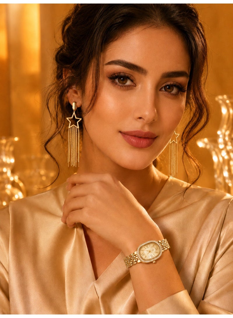 shengke Women’s Watch Set for Ladies Gifts for Her, Gold Women’s Quartz Watch and Star Tassel Earrings Set, Light Luxury Watch Gift Set, 3ATM Waterproof Gift Box for Birthday Ramadan Eid Anniversary - Image 4