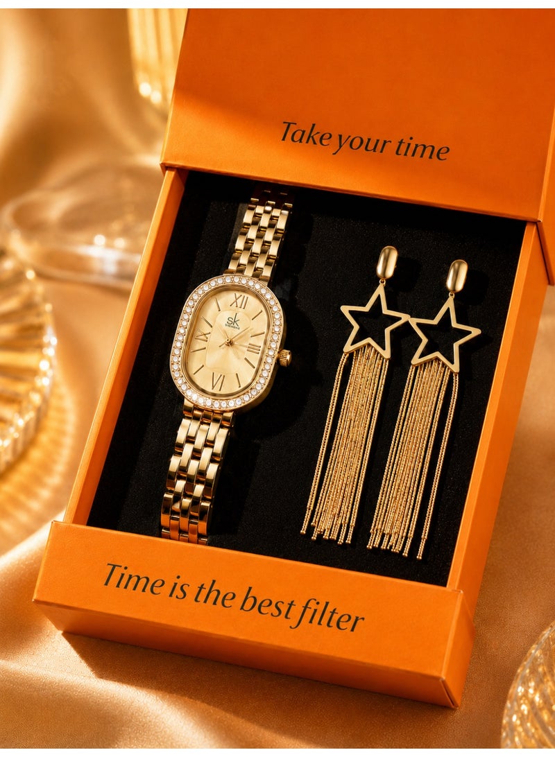 shengke Women’s Watch Set for Ladies Gifts for Her, Gold Women’s Quartz Watch and Star Tassel Earrings Set, Light Luxury Watch Gift Set, 3ATM Waterproof Gift Box for Birthday Ramadan Eid Anniversary - Image 1