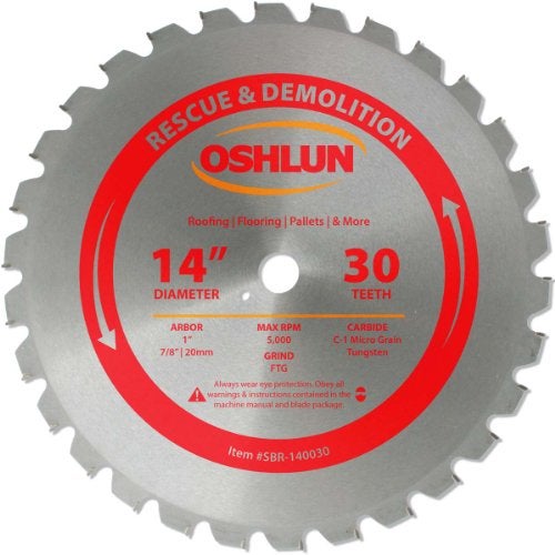 Oshlun SBR140030 14Inch 30 Tooth FTG Saw Blade with 1Inch Arbor 78Inch and 20mm Bushings for Rescue and Demolition