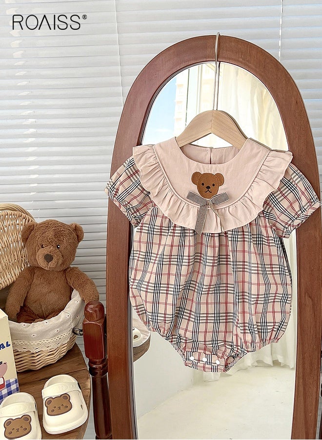 roaiss Baby Girls Playsuit with Back Button, Adorable Plaid Bodysuit with Bear Pattern, Short Sleeve Jumpsuit, Newborn Summer Clothes, Casual Tops for Infants, Easy to Wear and Change Diapers  - Image 2