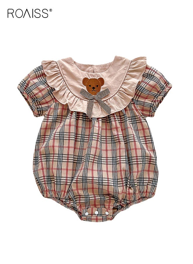 roaiss Baby Girls Playsuit with Back Button, Adorable Plaid Bodysuit with Bear Pattern, Short Sleeve Jumpsuit, Newborn Summer Clothes, Casual Tops for Infants, Easy to Wear and Change Diapers  - Image 1