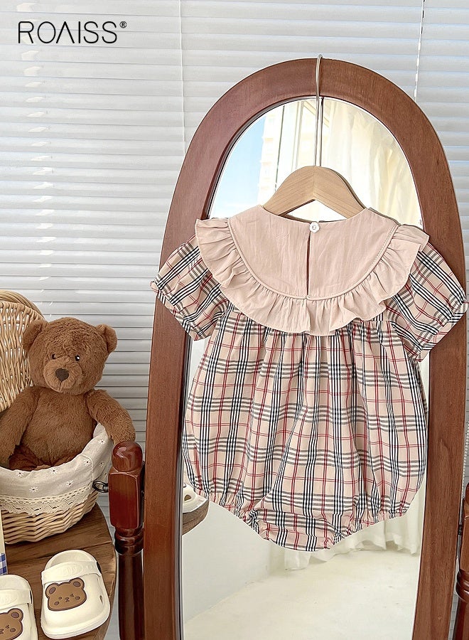 roaiss Baby Girls Playsuit with Back Button, Adorable Plaid Bodysuit with Bear Pattern, Short Sleeve Jumpsuit, Newborn Summer Clothes, Casual Tops for Infants, Easy to Wear and Change Diapers  - Image 3