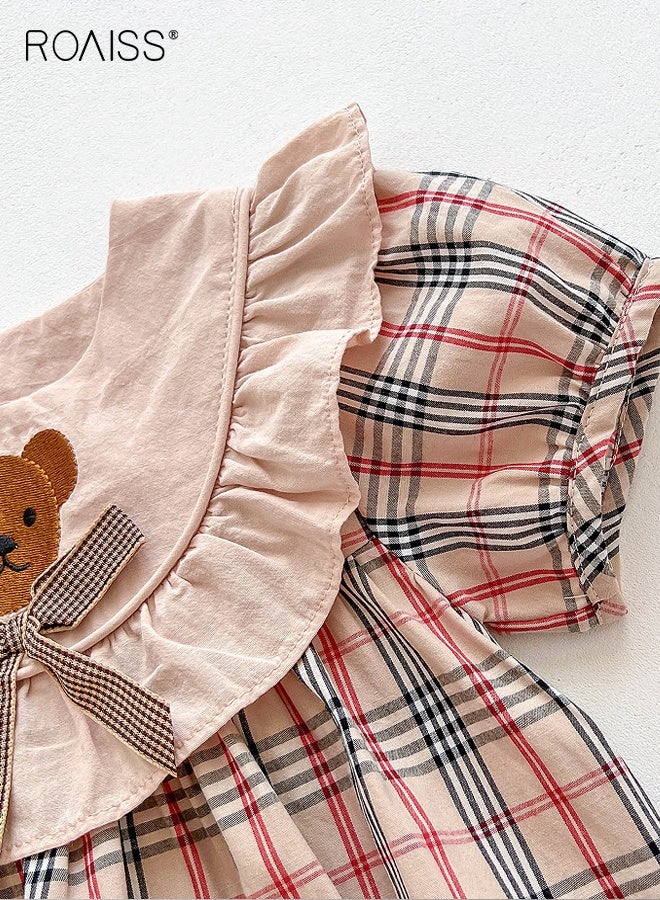 roaiss Baby Girls Playsuit with Back Button, Adorable Plaid Bodysuit with Bear Pattern, Short Sleeve Jumpsuit, Newborn Summer Clothes, Casual Tops for Infants, Easy to Wear and Change Diapers  - Image 5