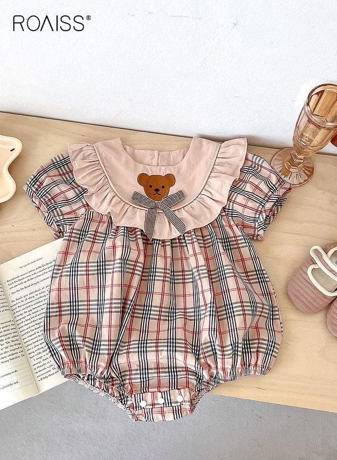 roaiss Baby Girls Playsuit with Back Button, Adorable Plaid Bodysuit with Bear Pattern, Short Sleeve Jumpsuit, Newborn Summer Clothes, Casual Tops for Infants, Easy to Wear and Change Diapers  - Image 4