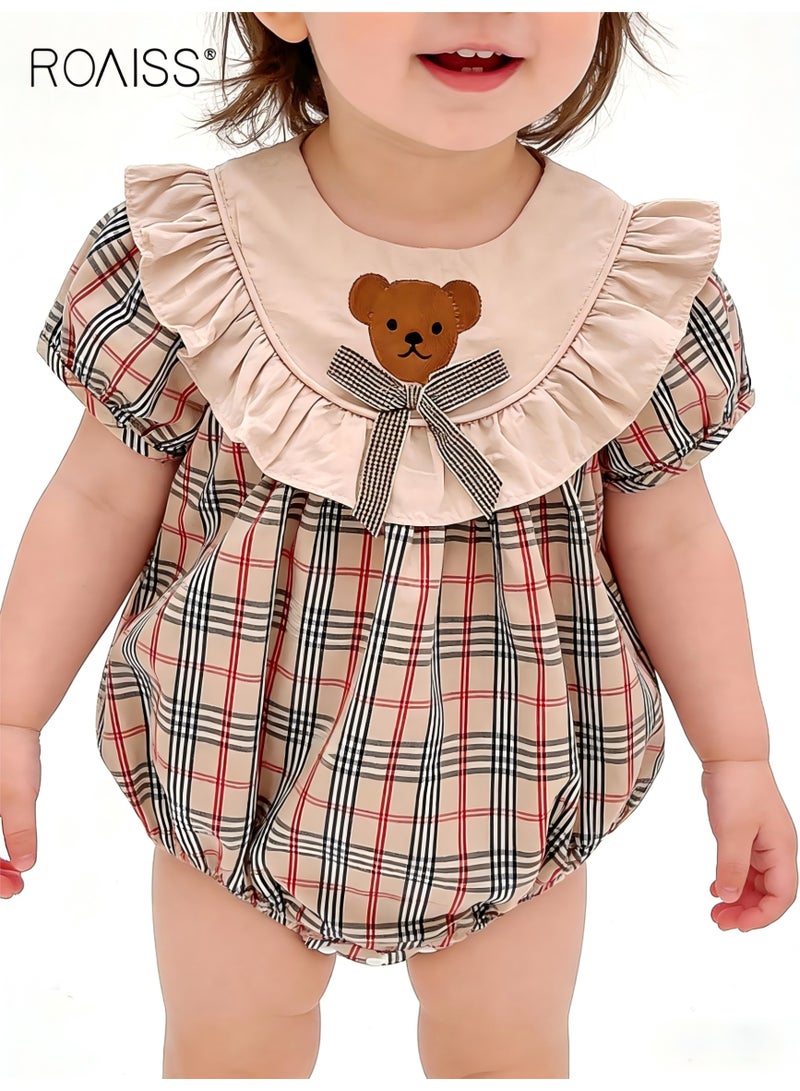 رويس بدلة لعب للأطفال البنات مع أزرار في الخلف، بدلة لطيفة ومناسبة للبشرة مع نمط دب، بدلة بأكمام قصيرة، ملابس صيفية للأطفال حديثي الولادة، سهلة الارتداء وتغيير الحفاضات - Image 1