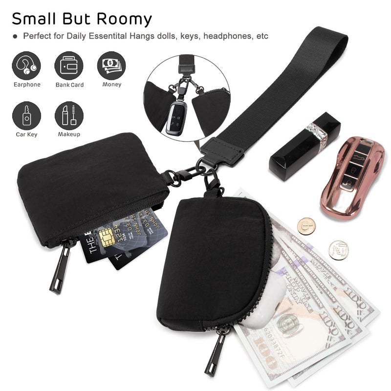 Viverte Mini Zip Around Keychain Wristlet Wallets Small Portable Dual Pounch Wristlet Detachable Coin Purse Pocket Gifts for Women Travel Sports Outdoors (Black+ Black) - Image 4