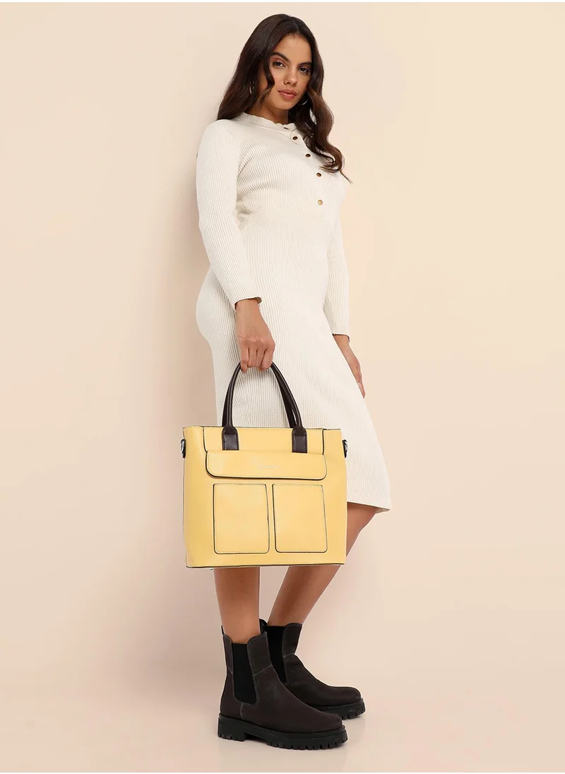 صوص هاوت Haute Sauce Women's Everyday Essential Tote Bag For Casual Wear | Light Yellow Colour |  One-Size | Zipper Closure | 2 Handle | Detachable Sling | Vegan Leather Handbag For Woman And Girls