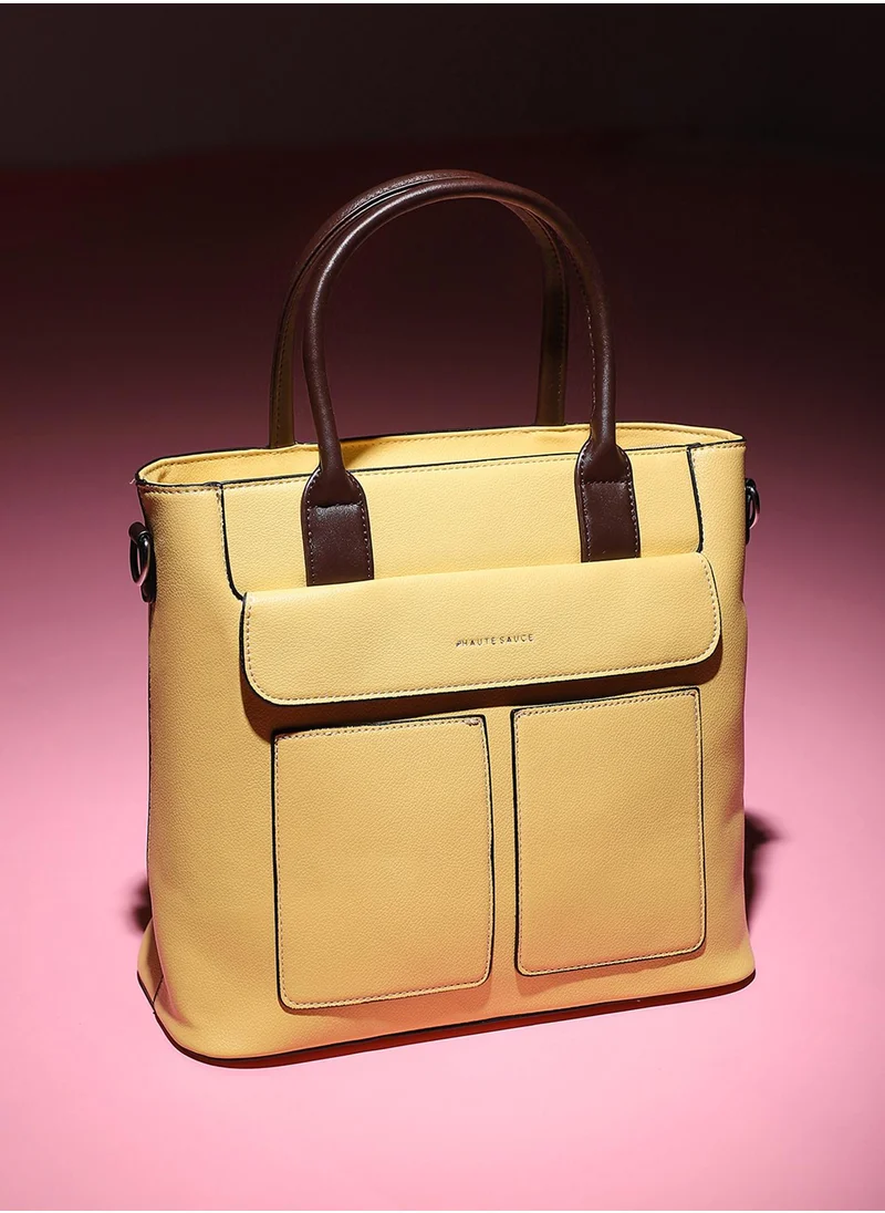 صوص هاوت Haute Sauce Women's Everyday Essential Tote Bag For Casual Wear | Light Yellow Colour |  One-Size | Zipper Closure | 2 Handle | Detachable Sling | Vegan Leather Handbag For Woman And Girls