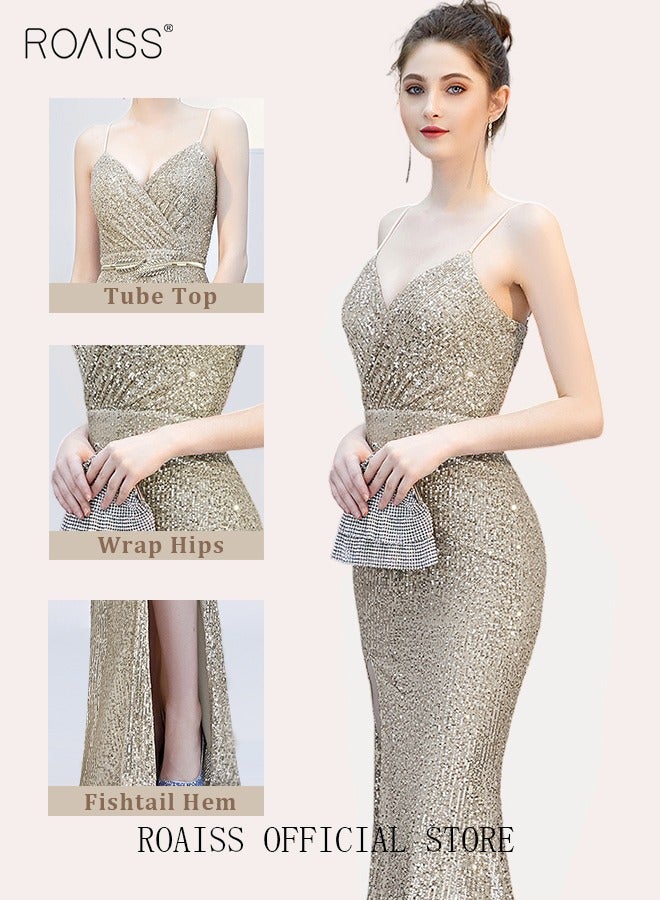 roaiss Banquet Party Dress for Women Evening Dresses Sequins Floor-Length Mermaid Style Prom Ball Gown Wedding Elegant Slim Long Formal Dresses Bridesmaid Dress  - Image 4
