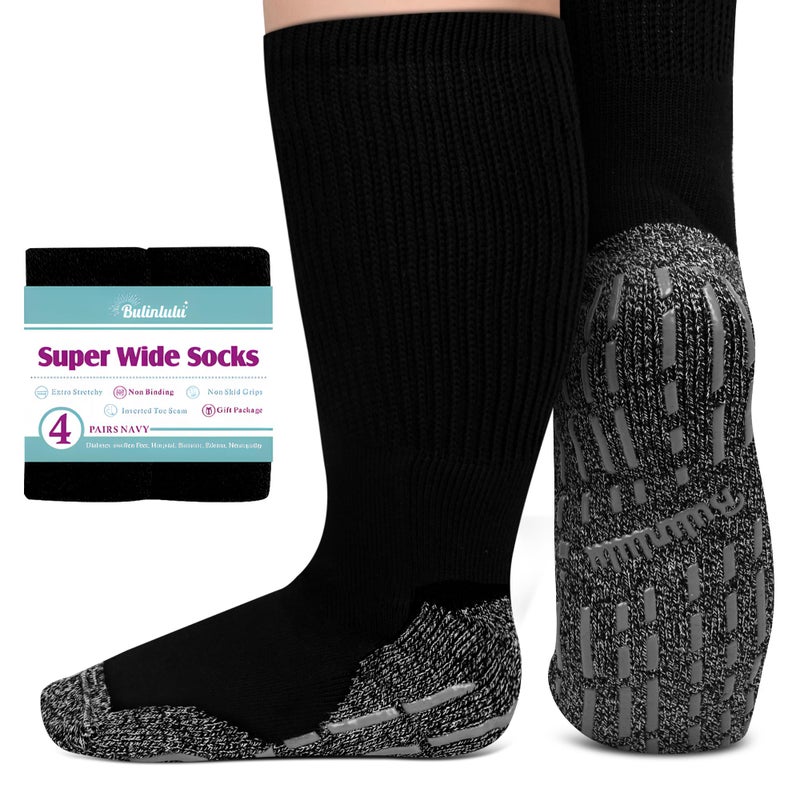 Bulinlulu Extra Width Socks for Swollen Feet-4 Pairs Hospital Grip Socks,Bariatric Socks,Diabetic Socks for Women Men 13-15(4 Pairs Dark Navy) - Image 1