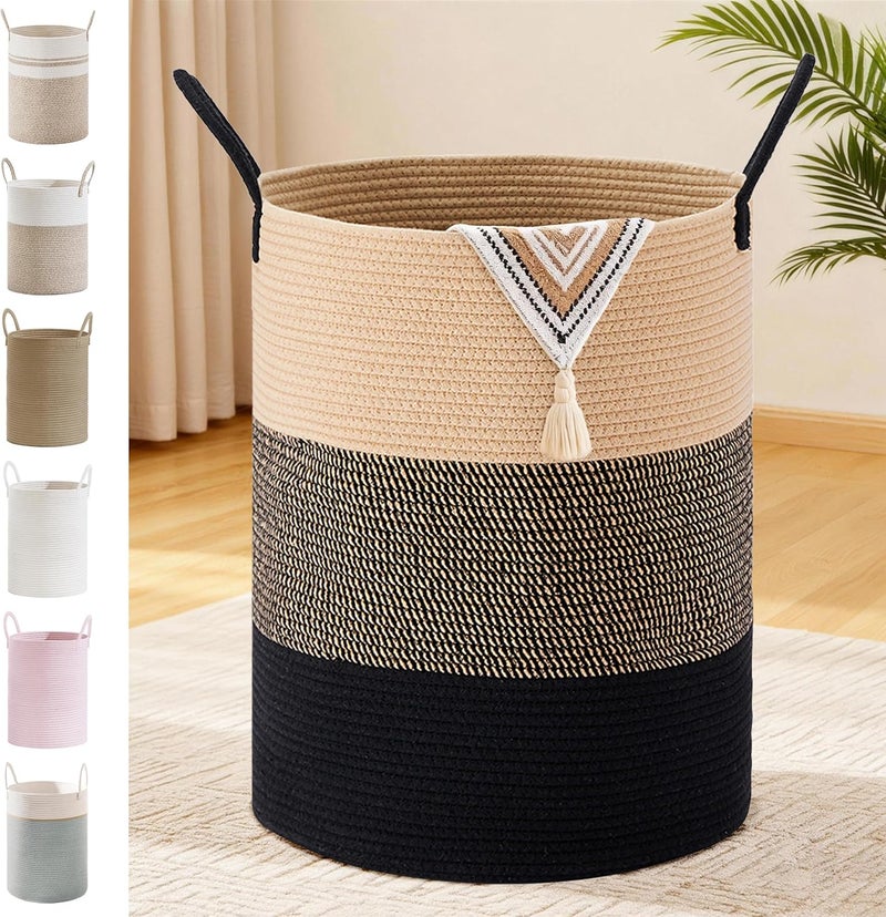 SunNewt Tall Laundry Basket with Handles, 100L Portable Dirty Clothes Hamper, Boho Cotton Rope Storage Bin for Blankets Kids Toys, Extra Large Organizer for Nursery Bedroom Bathroom, Brown & Black - Image 1