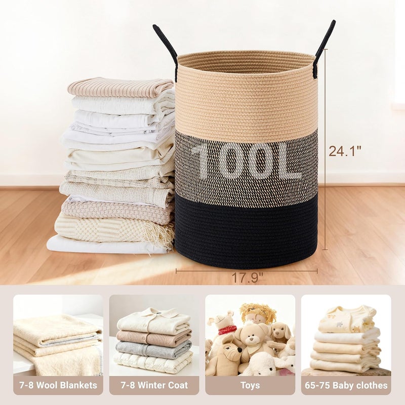 SunNewt Tall Laundry Basket with Handles, 100L Portable Dirty Clothes Hamper, Boho Cotton Rope Storage Bin for Blankets Kids Toys, Extra Large Organizer for Nursery Bedroom Bathroom, Brown & Black - Image 2