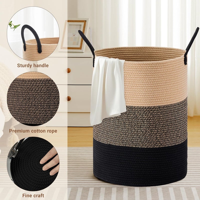 SunNewt Tall Laundry Basket with Handles, 100L Portable Dirty Clothes Hamper, Boho Cotton Rope Storage Bin for Blankets Kids Toys, Extra Large Organizer for Nursery Bedroom Bathroom, Brown & Black - Image 3