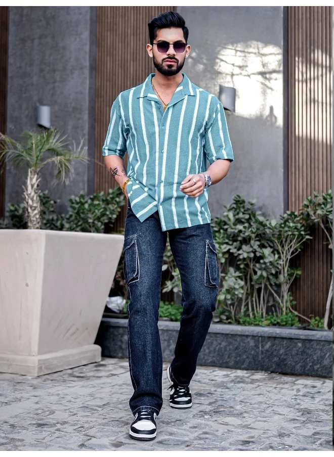 Maniac Mens Striped Collared Neck 3/4th Sleeve Blue Popcorn Knitted Shirt