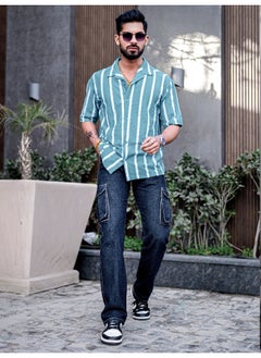 Maniac Mens Striped Collared Neck 3/4th Sleeve Blue Popcorn Knitted Shirt  - Image 5