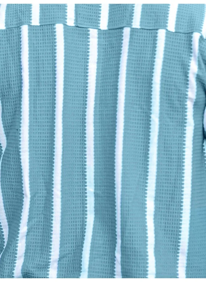 Maniac Mens Striped Collared Neck 3/4th Sleeve Blue Popcorn Knitted Shirt