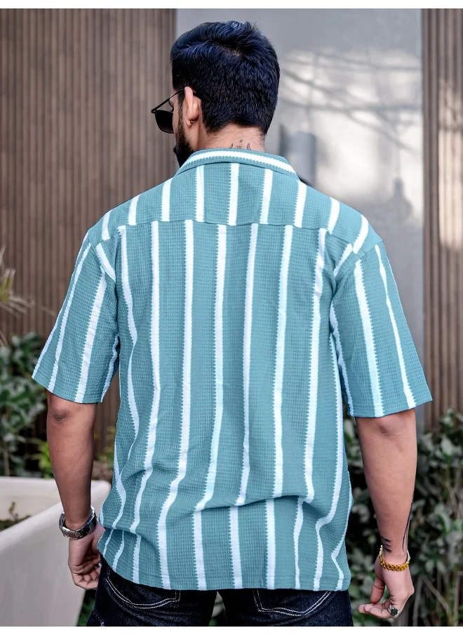 Maniac Mens Striped Collared Neck 3/4th Sleeve Blue Popcorn Knitted Shirt