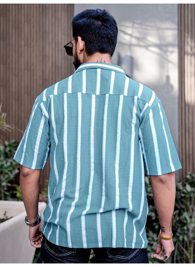 Maniac Mens Striped Collared Neck 3/4th Sleeve Blue Popcorn Knitted Shirt  - Image 3