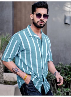 Maniac Mens Striped Collared Neck 3/4th Sleeve Blue Popcorn Knitted Shirt  - Image 2