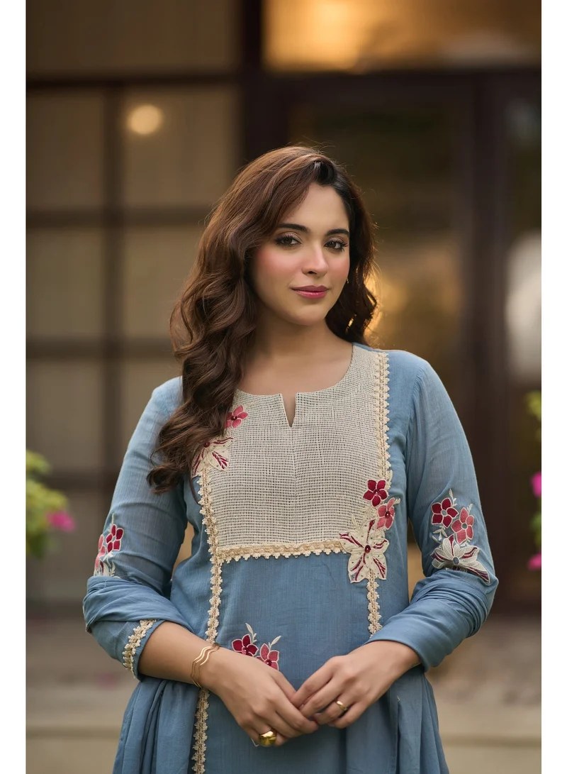 Priya’s Panache Premium Blue Cotton Crush 3-Piece Suit Set for Women with Dupatta & Pants | Indian Ethnic Wear | Embroidered Salwar Suit | Kurti Set Ladies | Kurta Pant Dupatta Set | Festive & Family Wear