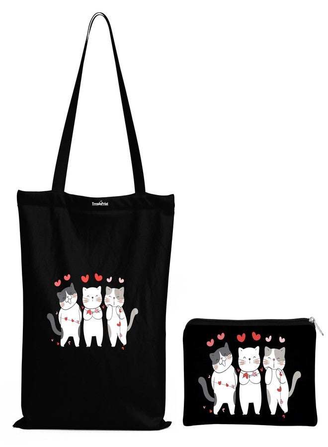 TrendoPrint Eco-Friendly Printed Black Tote Bag 14 x 16 inch with Makeup Pouch for College, Shopping and Travelling (TB02) - Image 1