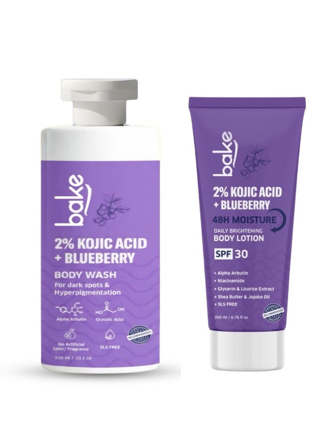 خبز BAKE غسول للجسم بحمض الكوجيك بتركيز 2% (300 مل) ولوشن مرطب (200 مل) بعامل حماية SPF 30 | لعلاج التصبغات وإزالة آثار الاسمرار | لتفتيح البشرة وإشراقها | مناسب للنساء والرجال | (غسول للجسم + لوشن) - Image 1