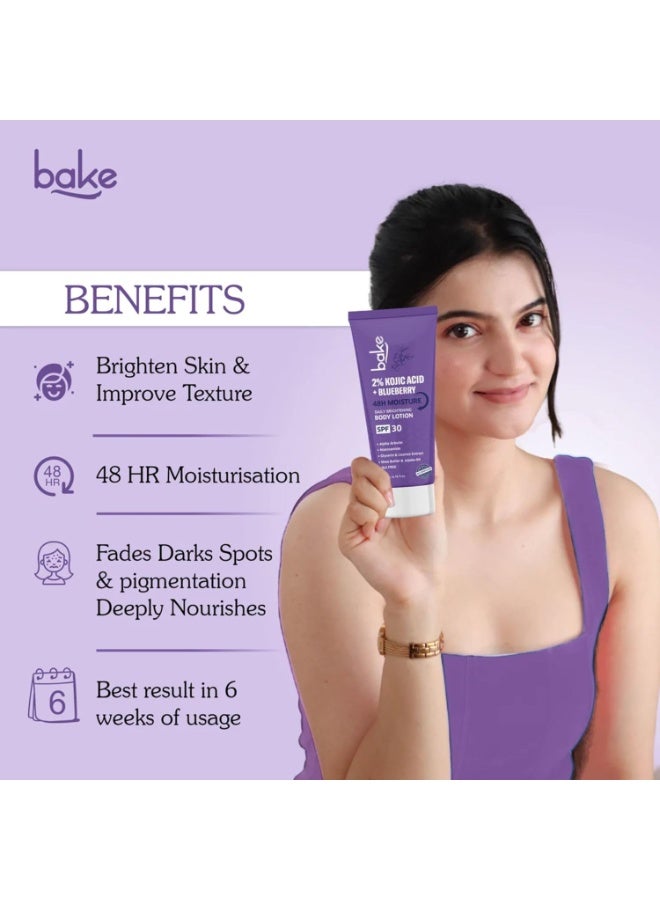 خبز BAKE غسول للجسم بحمض الكوجيك بتركيز 2% (300 مل) ولوشن مرطب (200 مل) بعامل حماية SPF 30 | لعلاج التصبغات وإزالة آثار الاسمرار | لتفتيح البشرة وإشراقها | مناسب للنساء والرجال | (غسول للجسم + لوشن) - Image 2