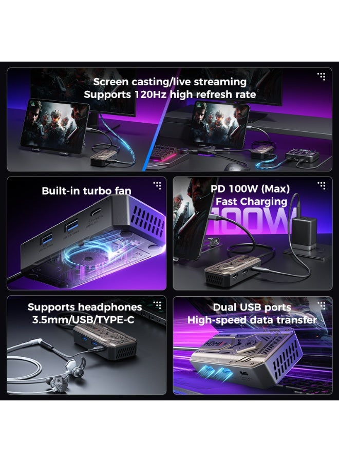 PLEXTONE GS6 Gen 2 USB-C 6-in-1 Gaming Docking Station Hub with Built-in Turbo Fan Cooling, 2K 120Hz & 4K 60Hz HDMI Output, PD 100W Fast Charging, Dual USB High-Speed Data, 3.5mm/USB/Type-C Audio Support – Compatible with iPad Pro, RedMagic, Samsung, OnePlus, Tablets, Laptops & PC - Image 2