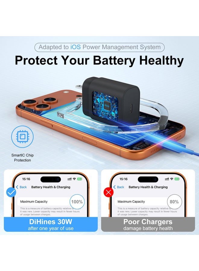 DiHines 30W USB C Phone 15 Charger Fast Charging Block for iPhone 15/15 Pro Max/15 Pro/15 Plus/Samsung Galaxy S23 Ultra/S23/S23+/S22/S22 Ultra/S22+/S21 Ultra/S20 Ultra/Note 20 & 6.6Ft USB C Charger Cable - Image 5