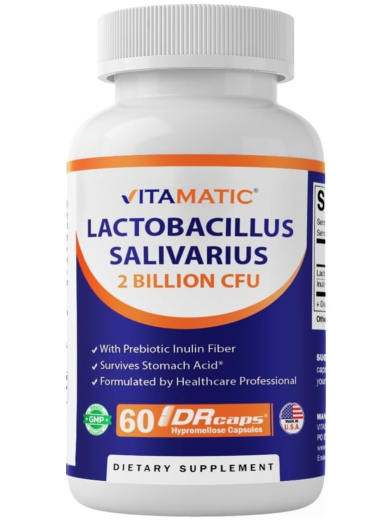 Vitamatic Lactobacillus Salivarius 2 Billion per DR Capsule - 60 Count - Digestive Support - Made with Prebiotic Inulin Fiber (1 Bottle)