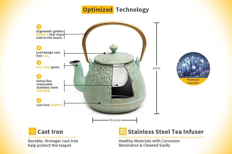 TOPTIER Tea Kettle for Stove Top, Cast Iron Teapot Stovetop Safe with Infusers for Loose Tea, 22 oz, Light Green - Image 3