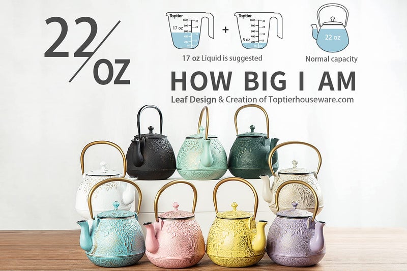 TOPTIER Tea Kettle for Stove Top, Cast Iron Teapot Stovetop Safe with Infusers for Loose Tea, 22 oz, Light Green - Image 4