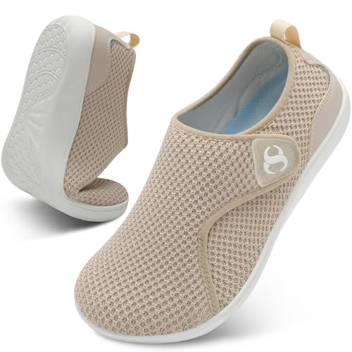 Scurtain Comfortable Brown Womens Shoes Extra Wide Non Slip Diabetic Shoes Adjustable Neuropathy Bunion Arthritis Shoe Casual Knitted Flat Shoes Size 85 - Image 1