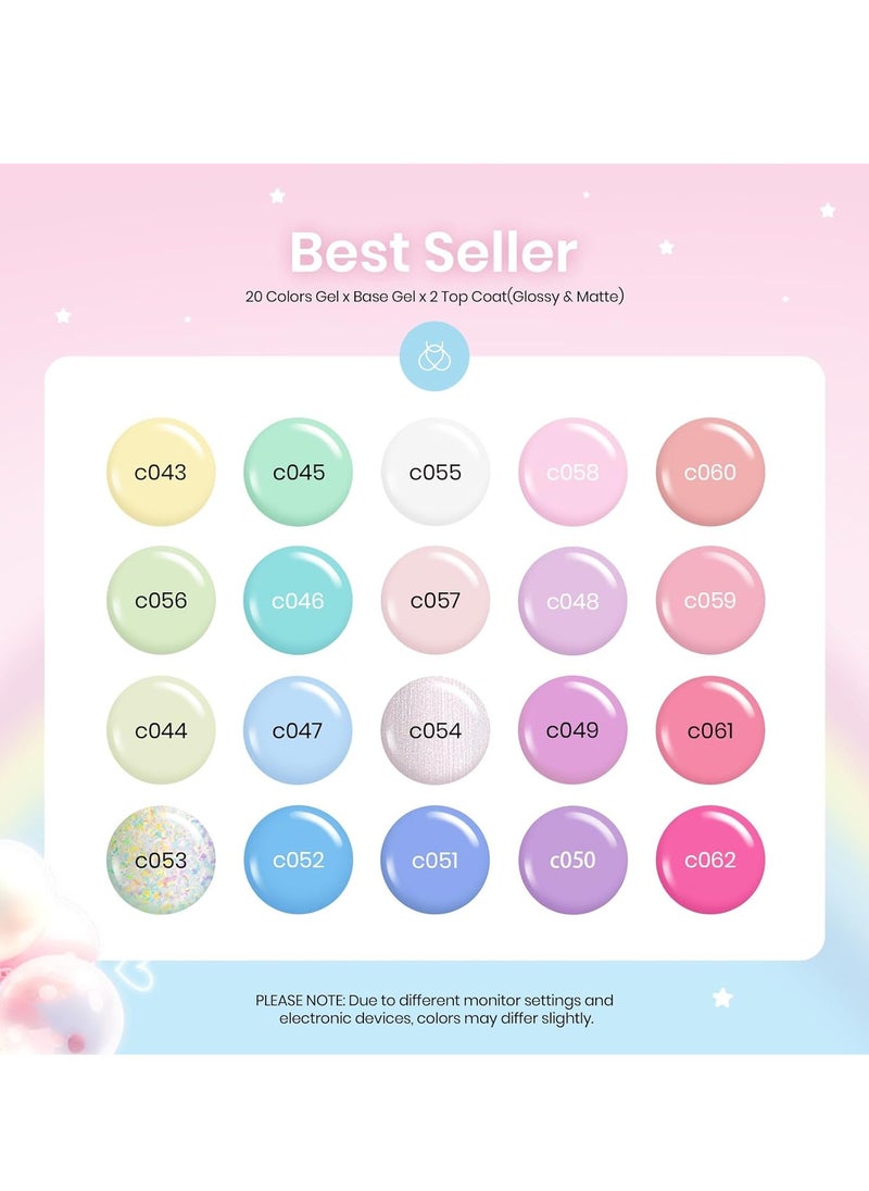 beetles Gel Polish beetles Gel Polish Nail Set 20 Colors Summer Pastel Girly Sparkle Glitter Uv Gel Dreamy Town Collection Macaroon Bright Pastel Nail Manicure Kit with 3Pcs Base Top Coat Gift for Girls  - Image 2