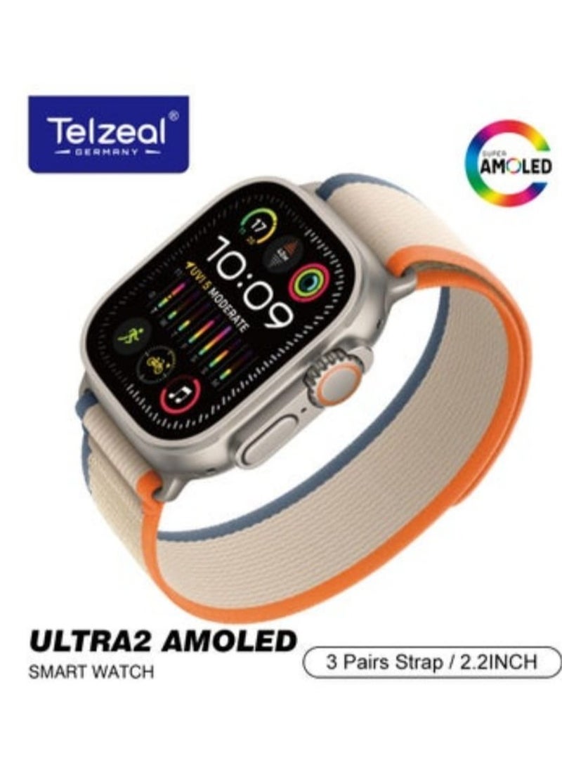 Telzeal - S10 Ultra2 AMOLED Display Smart Watch with 3 Pair Strap and Wireless Charger Gold - Image 1