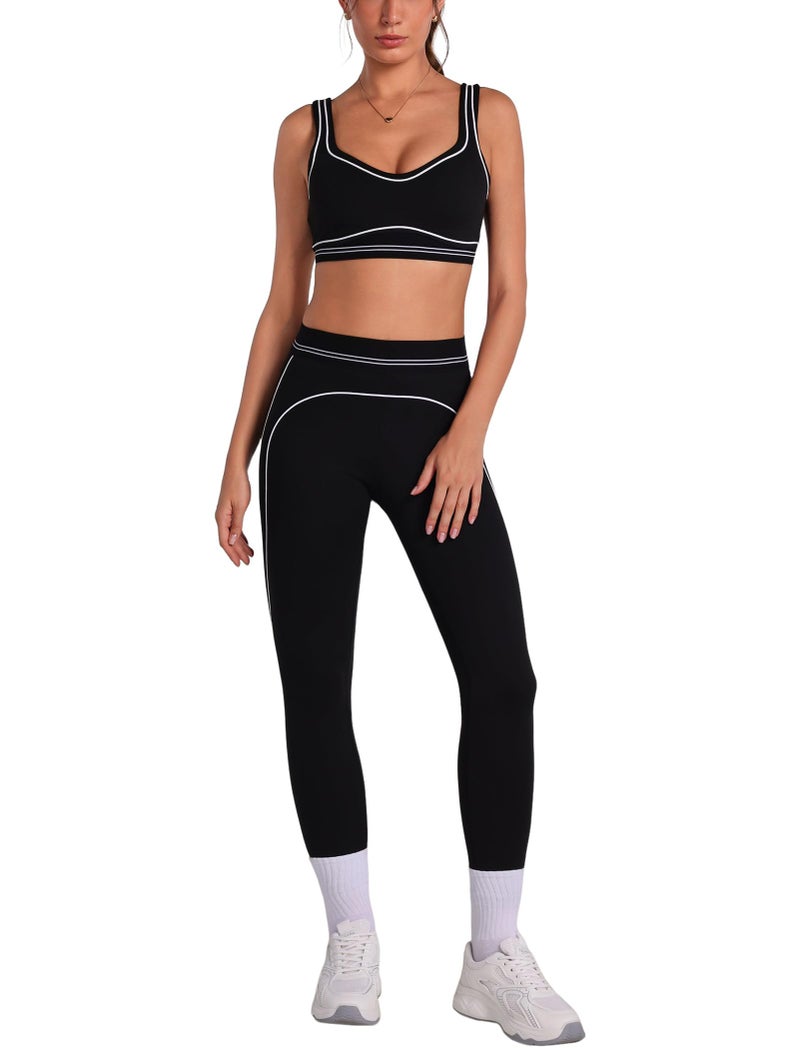 ABOCIW Workout Sets for Women Scoop Neck Contouring Contrast Stitching Sports Bra High Waist Leggings 2 Piece Gym Sets Athletic Yoga Pilates Outfits Black Small - Image 1